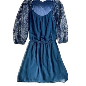Navy Blue Cocktail Party Chiffon Midi Dress Rosette Lace Lantern Sleeve Small